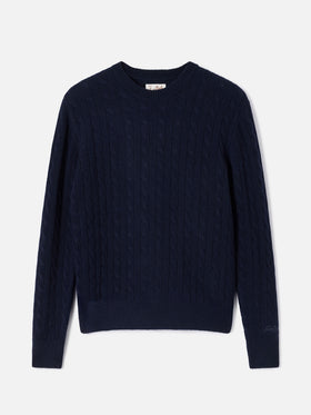Night blue Sorbonne wool crewneck knit with cable stitch
