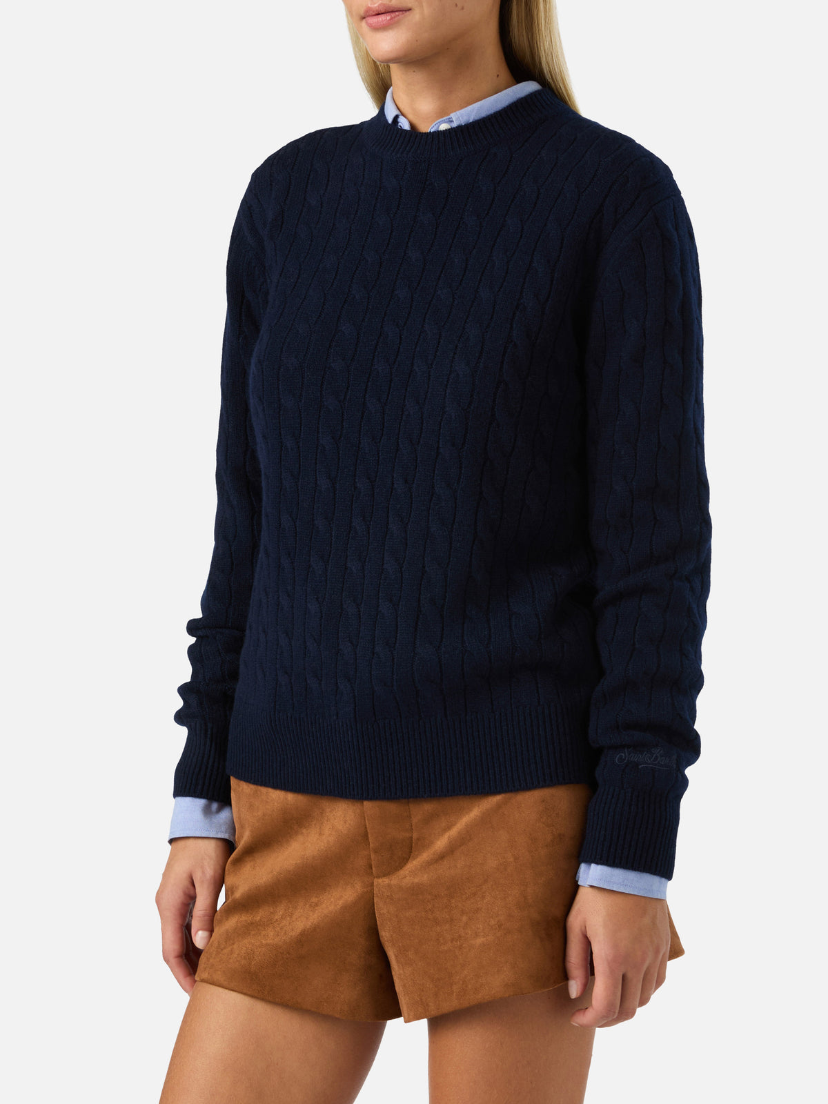 Night blue Sorbonne wool crewneck knit with cable stitch