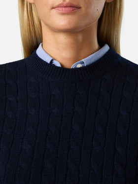 Night blue Sorbonne wool crewneck knit with cable stitch