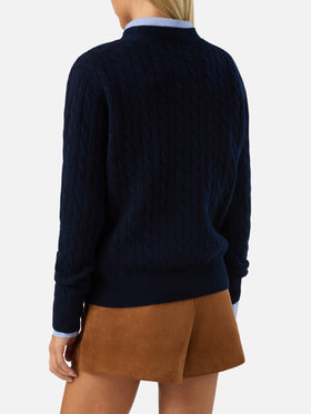 Night blue Sorbonne wool crewneck knit with cable stitch