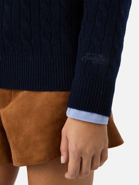 Night blue Sorbonne wool crewneck knit with cable stitch