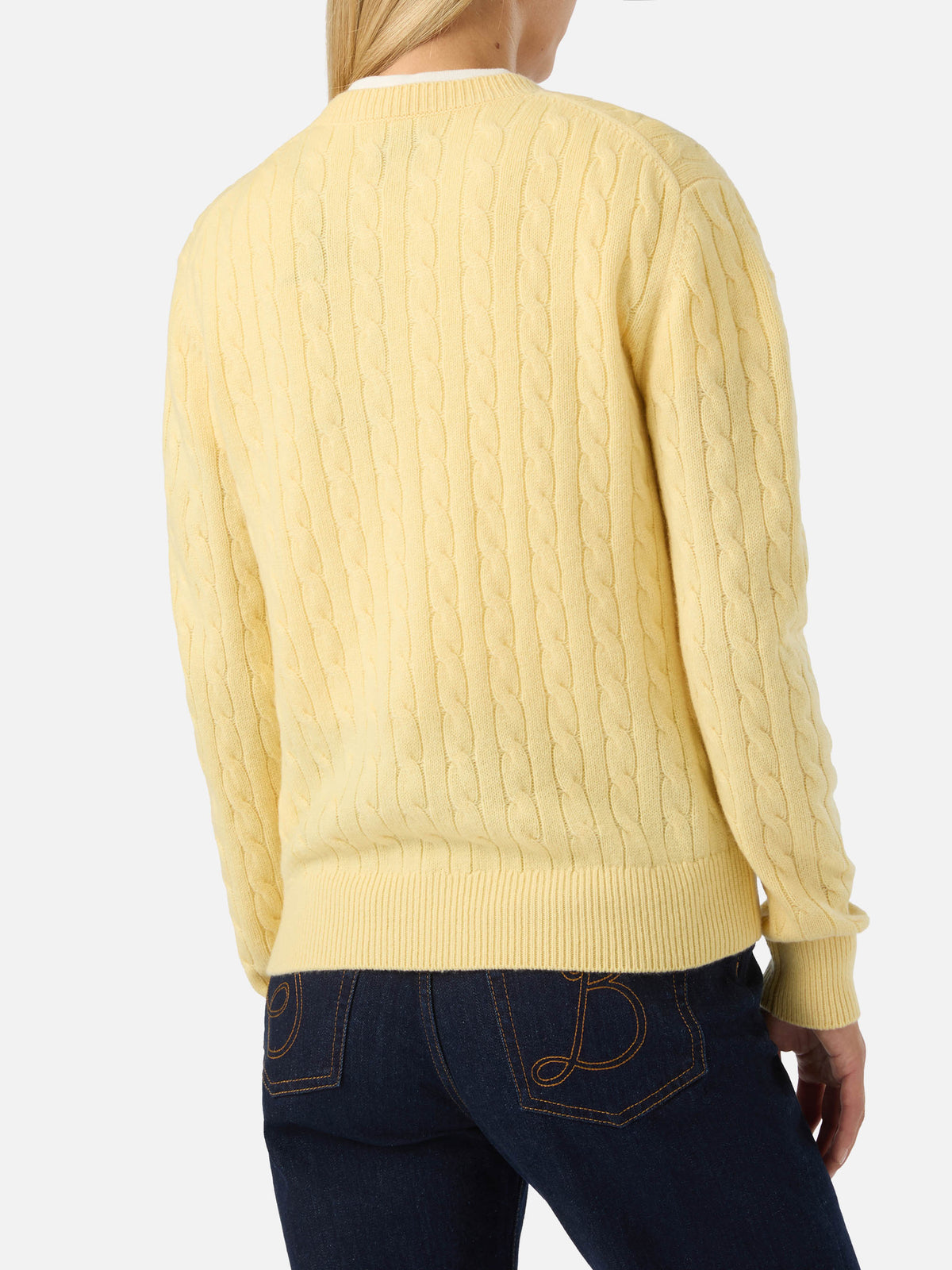Maglia girocollo Sorbonne giallo chiaro in lana con punto a trecce