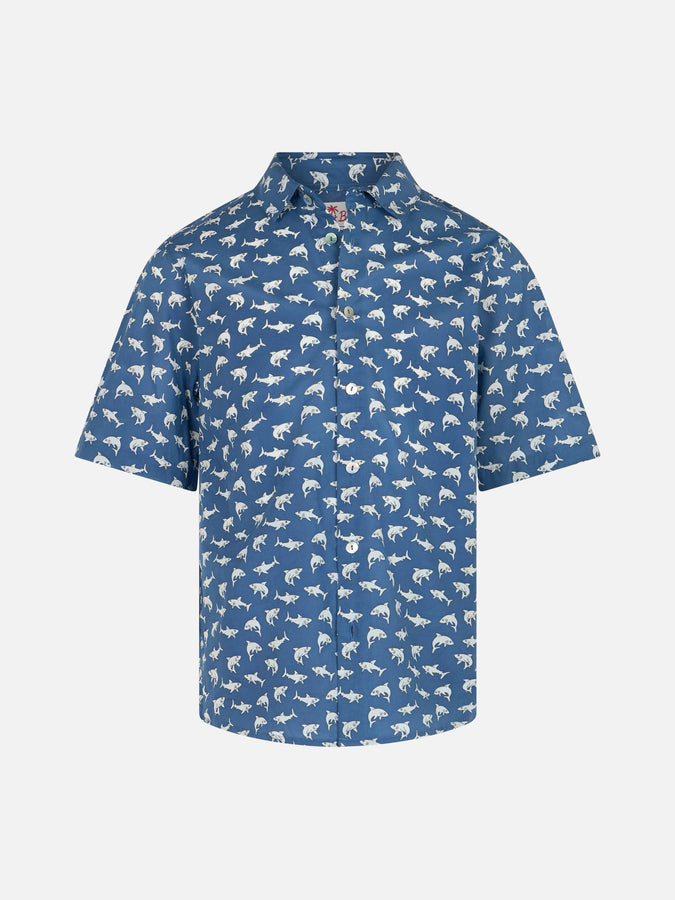 Mc2 Saint Barth Blue Boy muslin cotton shirt Sharouk with shark print