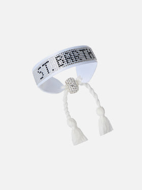 Bracciale in tessuto con lettering St. Barth in perline bianche