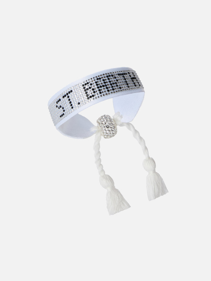 Bracciale in tessuto con lettering St. Barth in perline bianche