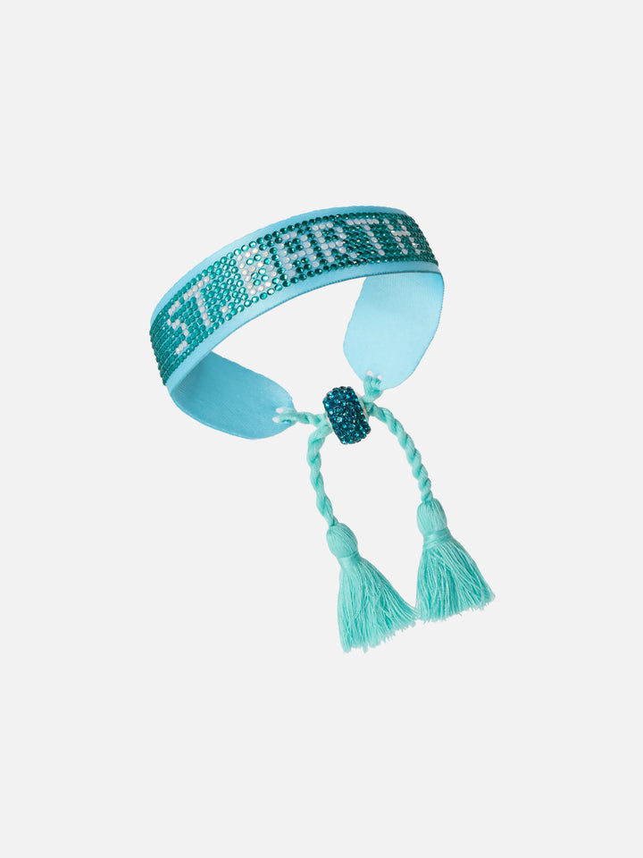 Bracciale in tessuto con lettering St. Barth in perline azzurre