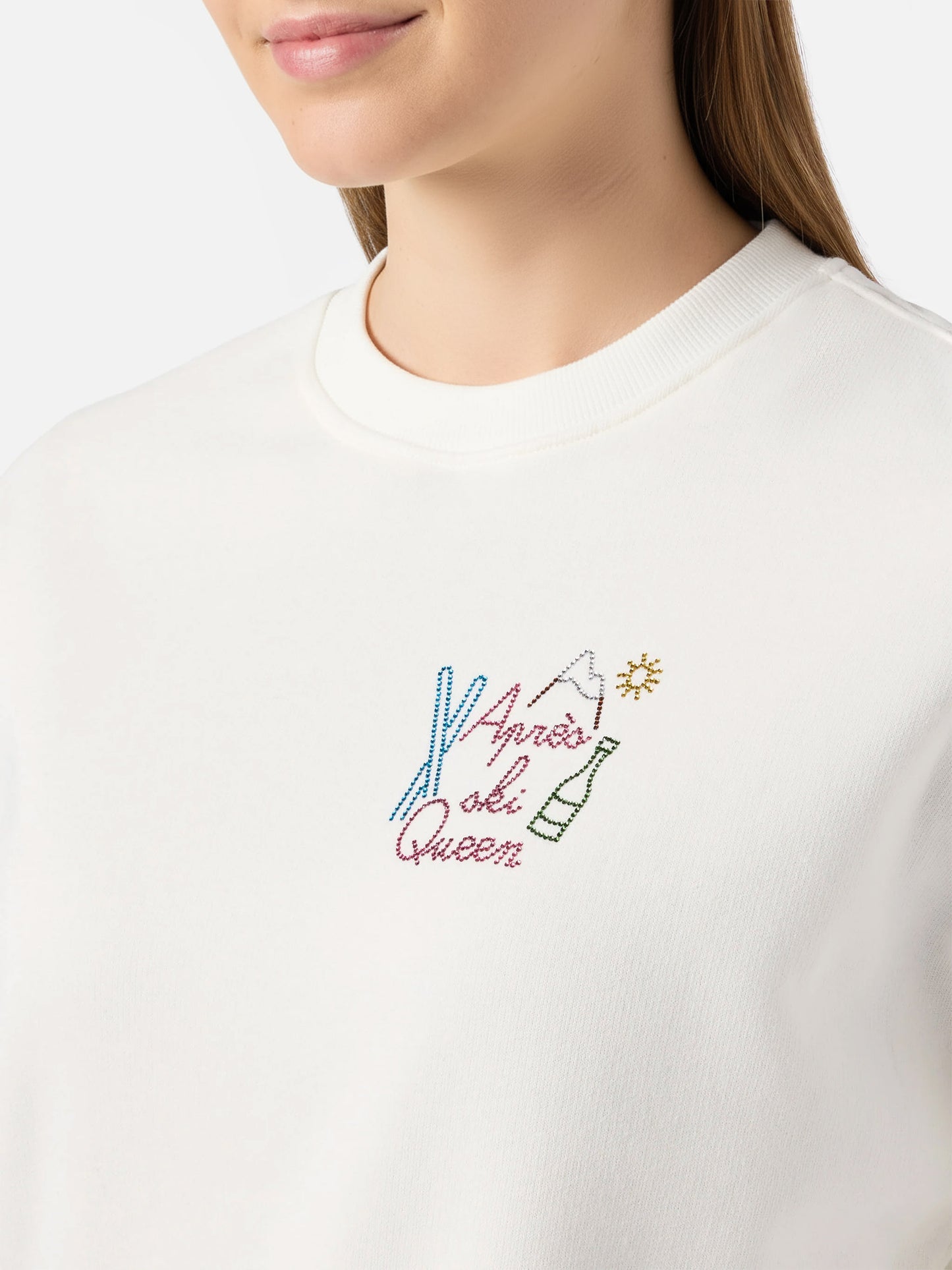 Stardust cotton sweatshirt in white with rhinestone appliqué Après Ski Queen