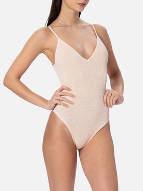 Woman beige crinkle one piece swimsuit Susanne - MC2 Saint Barth