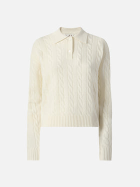 Savoy soft-touch cable-knit merino wool polo sweater in white