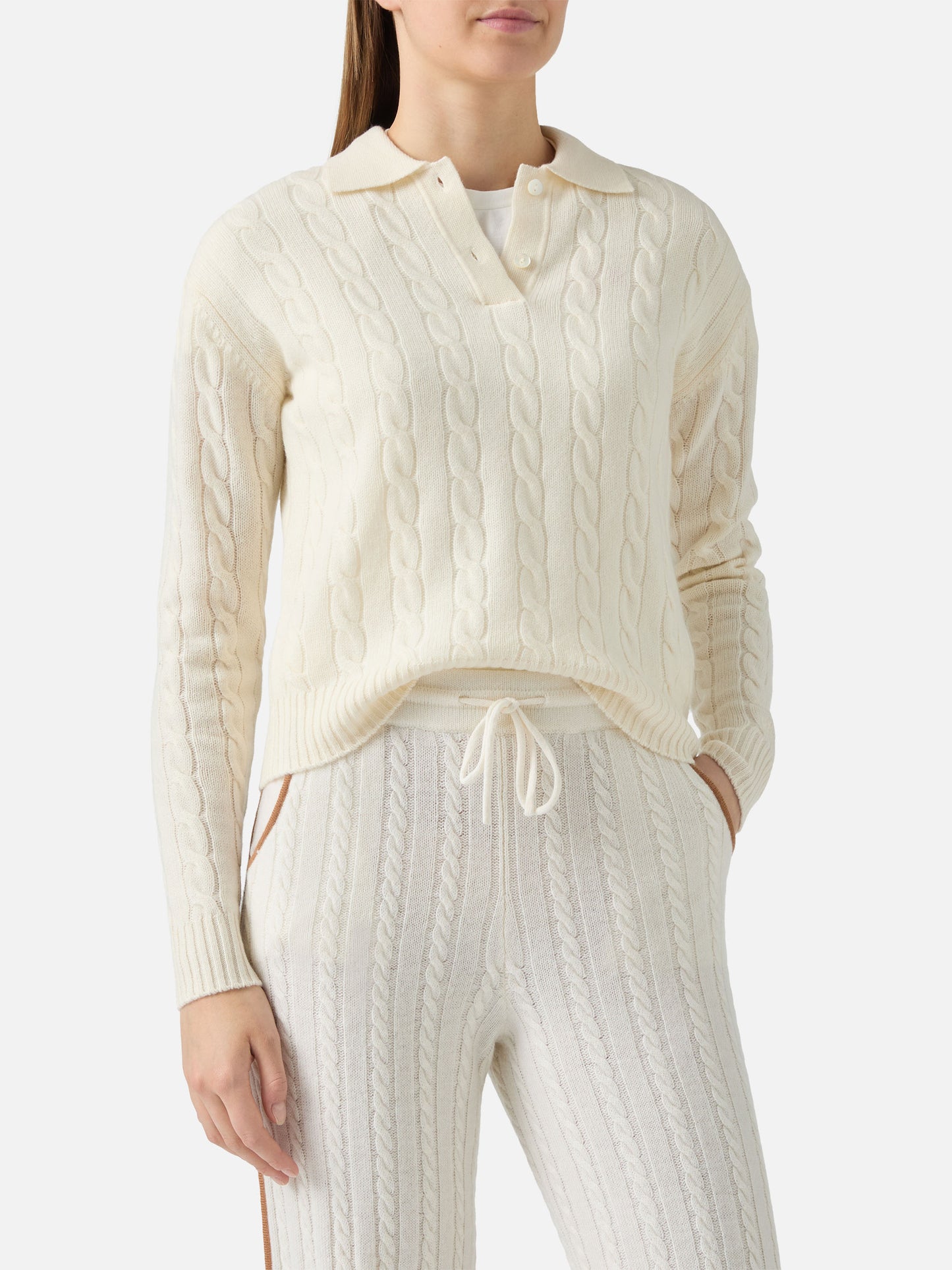 Savoy soft-touch cable-knit merino wool polo sweater in white