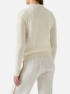 Savoy soft-touch cable-knit merino wool polo sweater in white