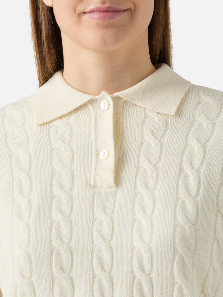 Savoy soft-touch cable-knit merino wool polo sweater in white