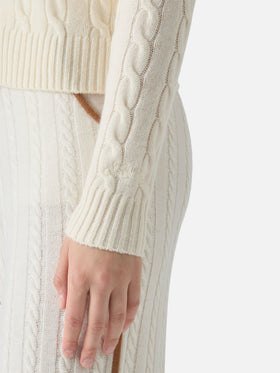 Savoy soft-touch cable-knit merino wool polo sweater in white