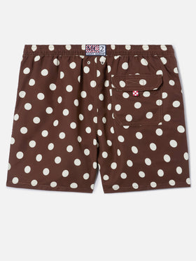 Costume mare Syros marrone con ricamo pois a contrasto