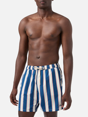 Costume mare Syros a righe blu con ricamo logo