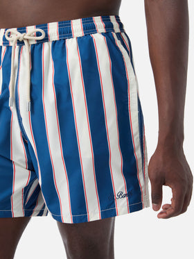 Costume mare Syros a righe blu con ricamo logo