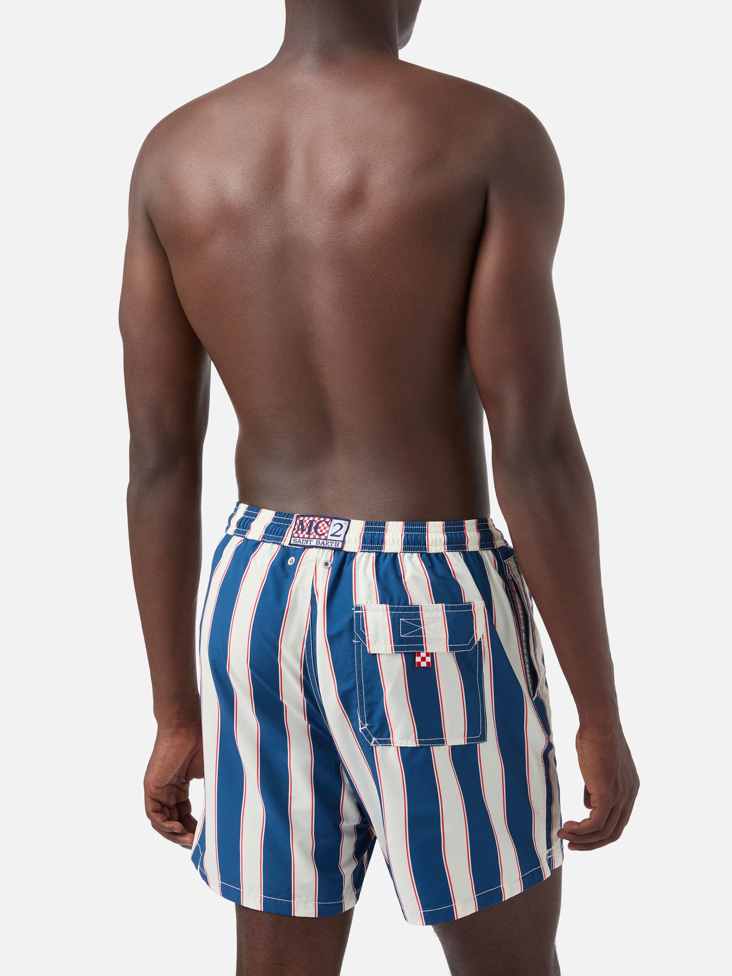Costume mare Syros a righe blu con ricamo logo