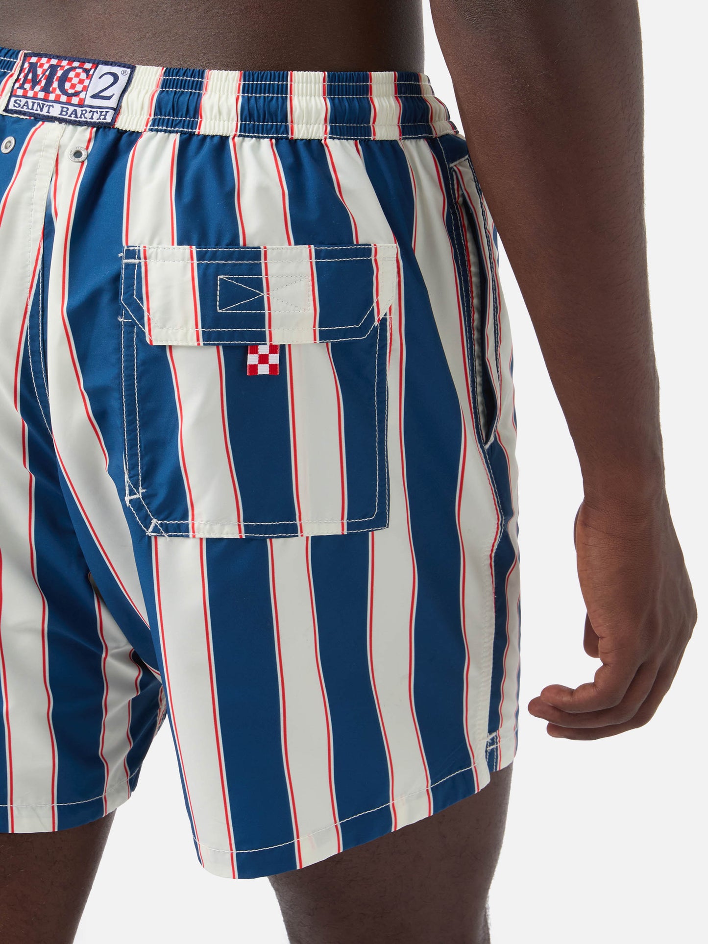 Costume mare Syros a righe blu con ricamo logo