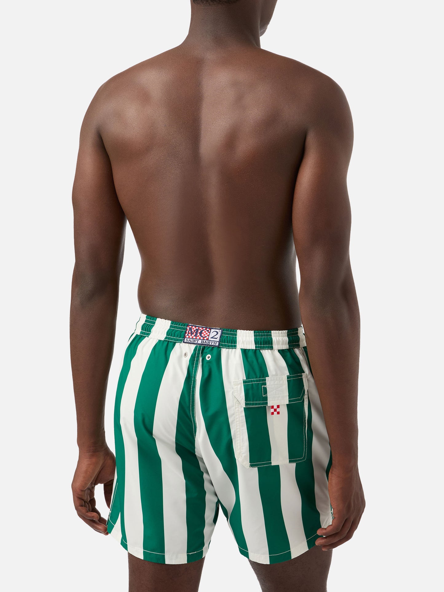 Bañador Syros con estampado de rayas blancas y British green 