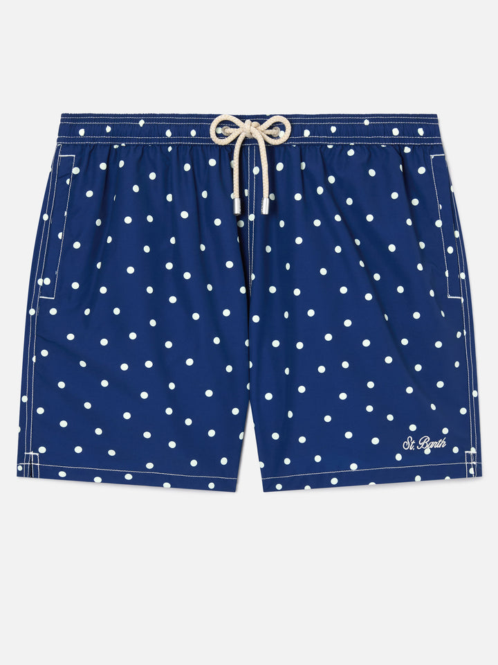 Costume mare Syros blu con ricamo pois a contrasto