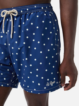 Syros swim shorts in blue with polka dot embroidery