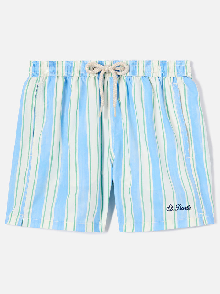 Syros Jr swim shorts striped with St. Barth embroidery
