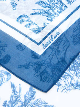 Pareo largo Thaiti en mezcla de seda con estampado toile de jouy azul 