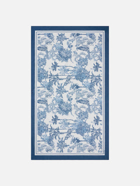 Langer Thaiti-Pareo aus Seidenmischung mit blauem Toile-de-Jouy-Print 