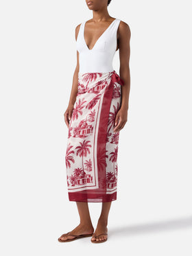 Thaiti long pareo in silk blend with burgundy toile de jouy print