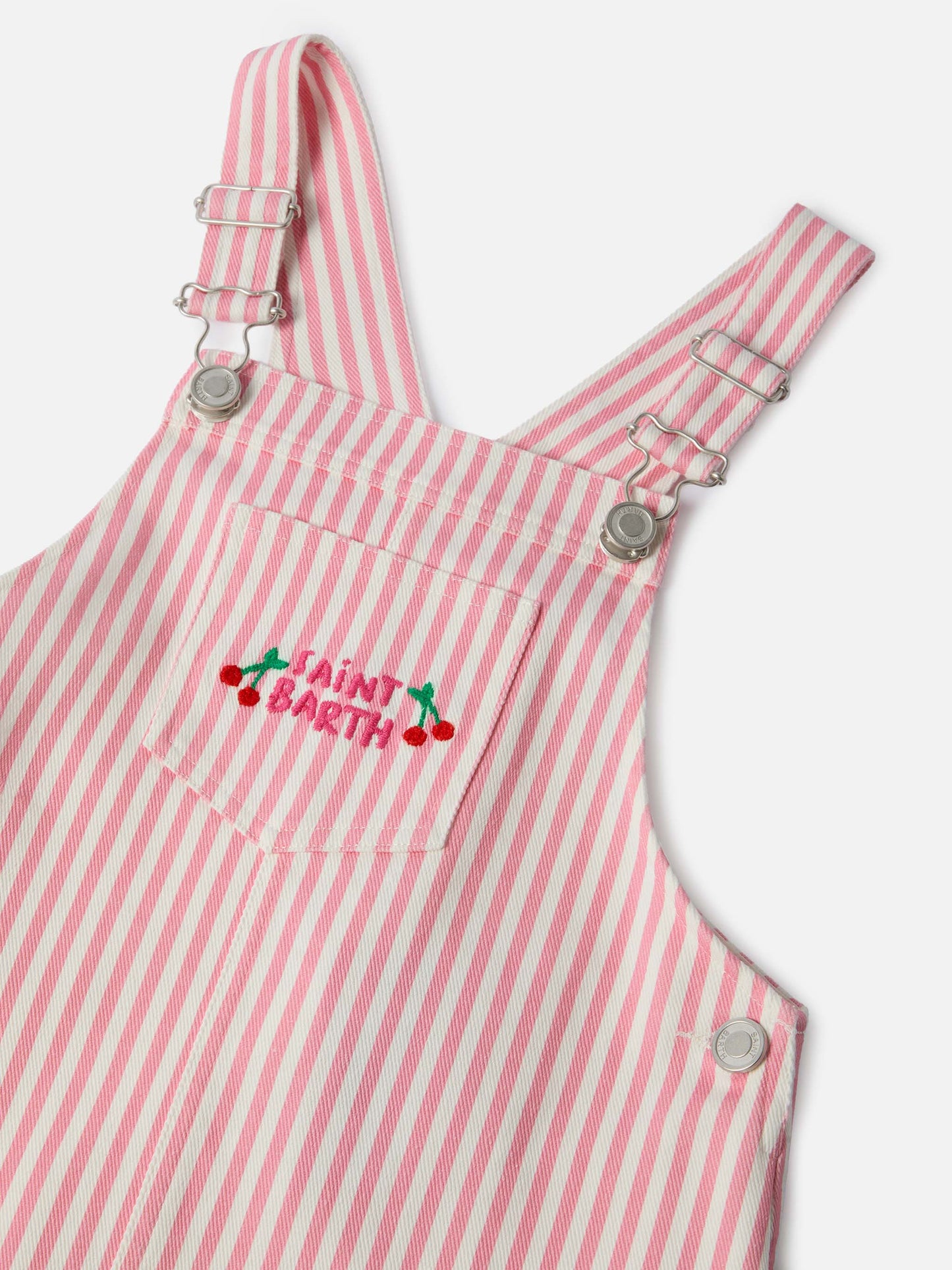 Vestito salopette Tecla Jr in denim a righe rosa con ricamo