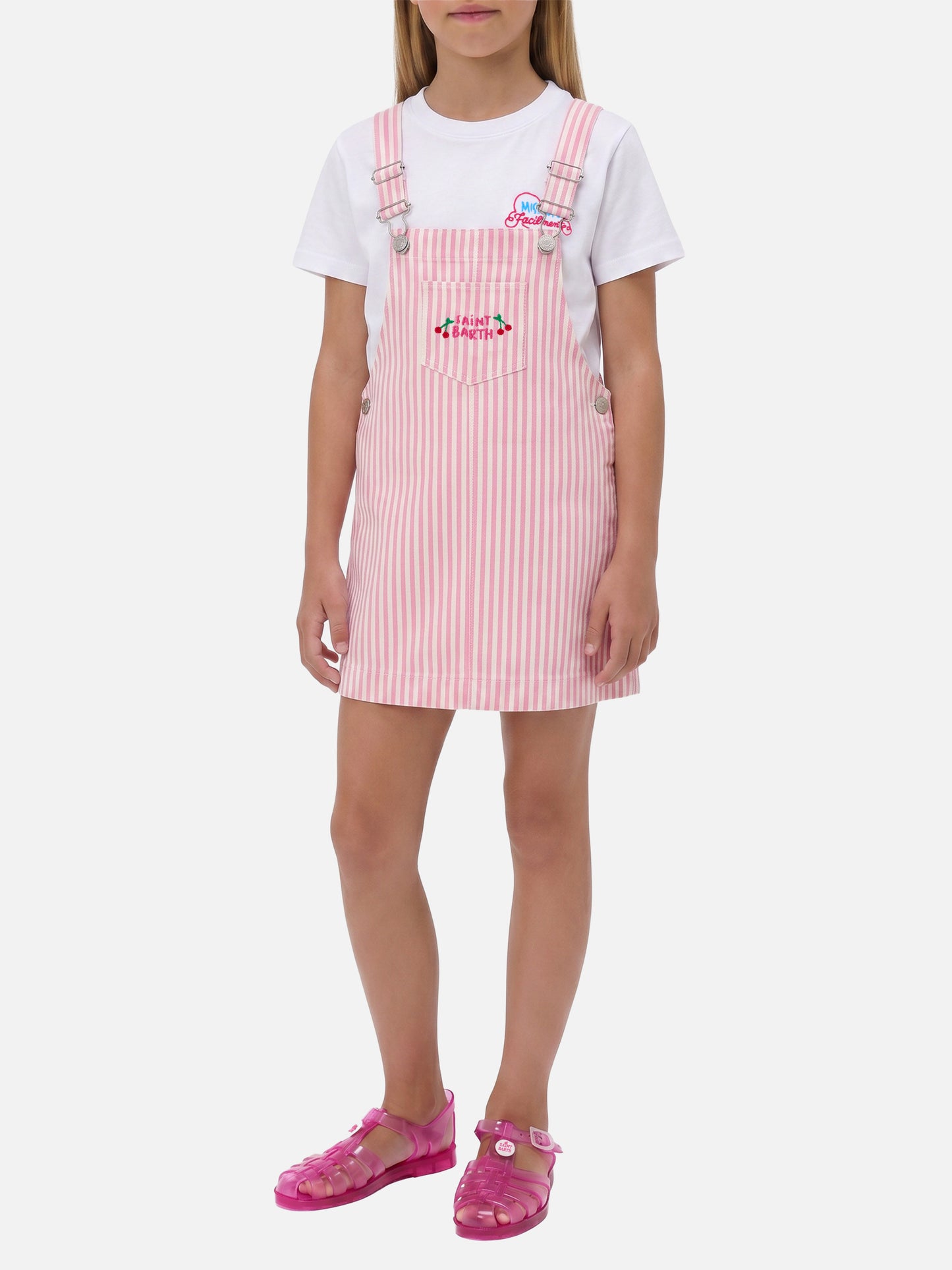 Vestito salopette Tecla Jr in denim a righe rosa con ricamo