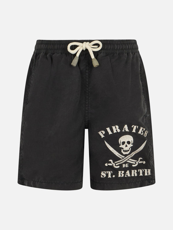 Boy black classic swim-shorts Tender with pirate embroidery