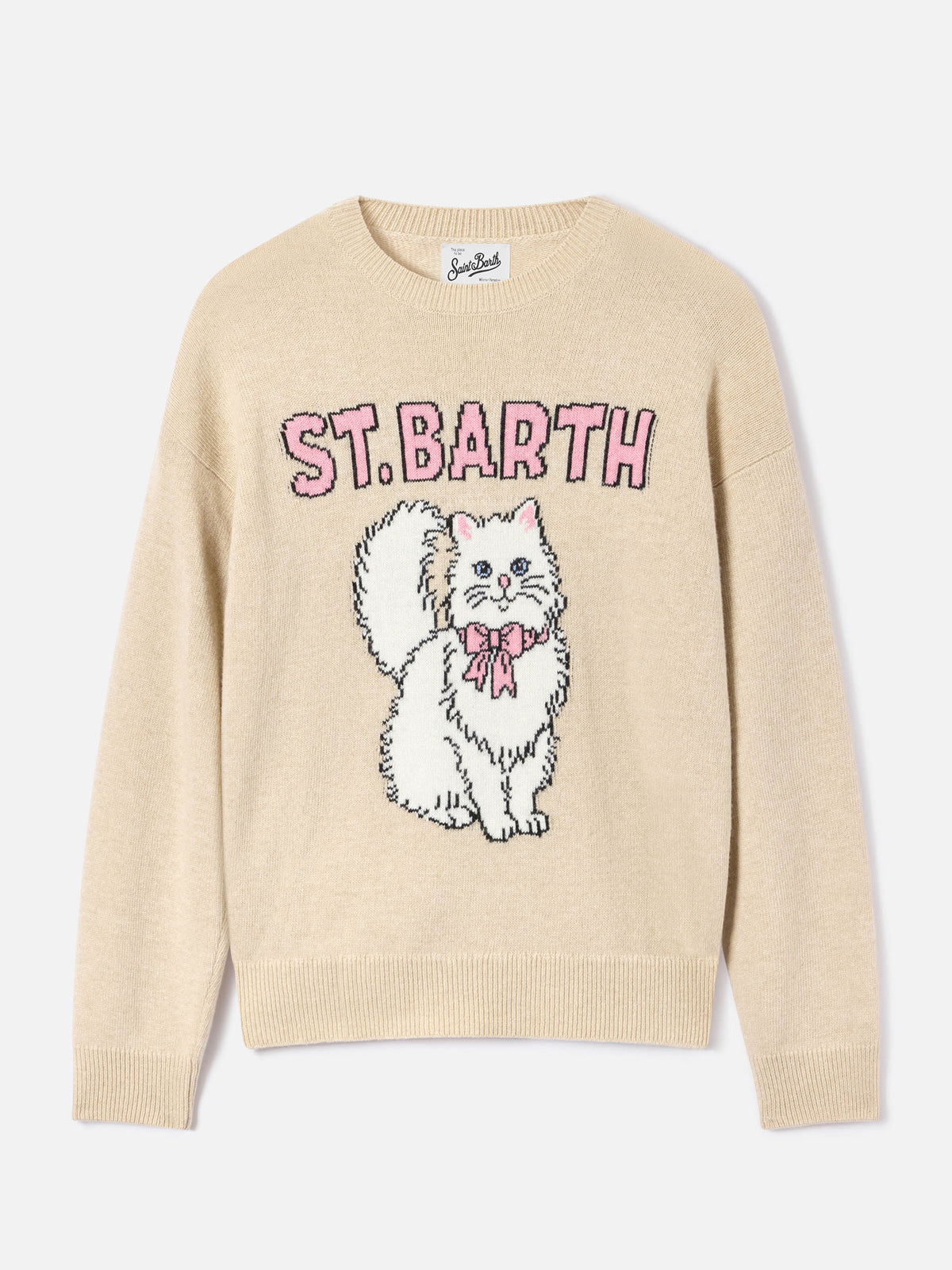 Beige Tessa wool and cashmere blend crewneck knit with kitten intarsia