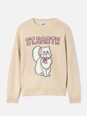 Beige Tessa wool and cashmere blend crewneck knit with kitten intarsia
