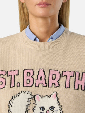 Beige Tessa wool and cashmere blend crewneck knit with kitten intarsia