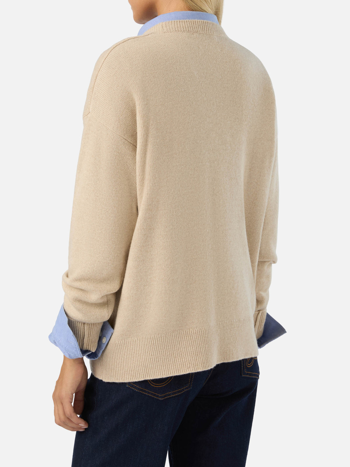 Beige Tessa wool and cashmere blend crewneck knit with kitten intarsia