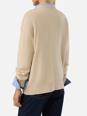 Beige Tessa wool and cashmere blend crewneck knit with kitten intarsia