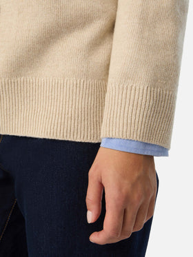 Beige Tessa wool and cashmere blend crewneck knit with kitten intarsia