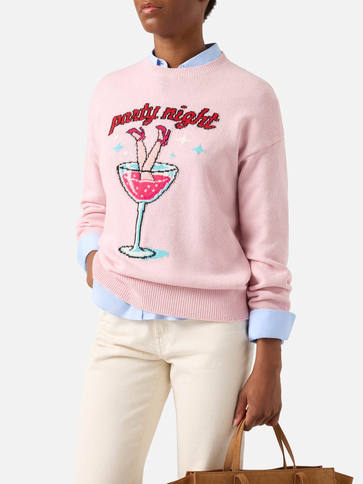 Pull col rond en maille Tessa rose en mélange de laine et de cachemire avec broderie Party Night 