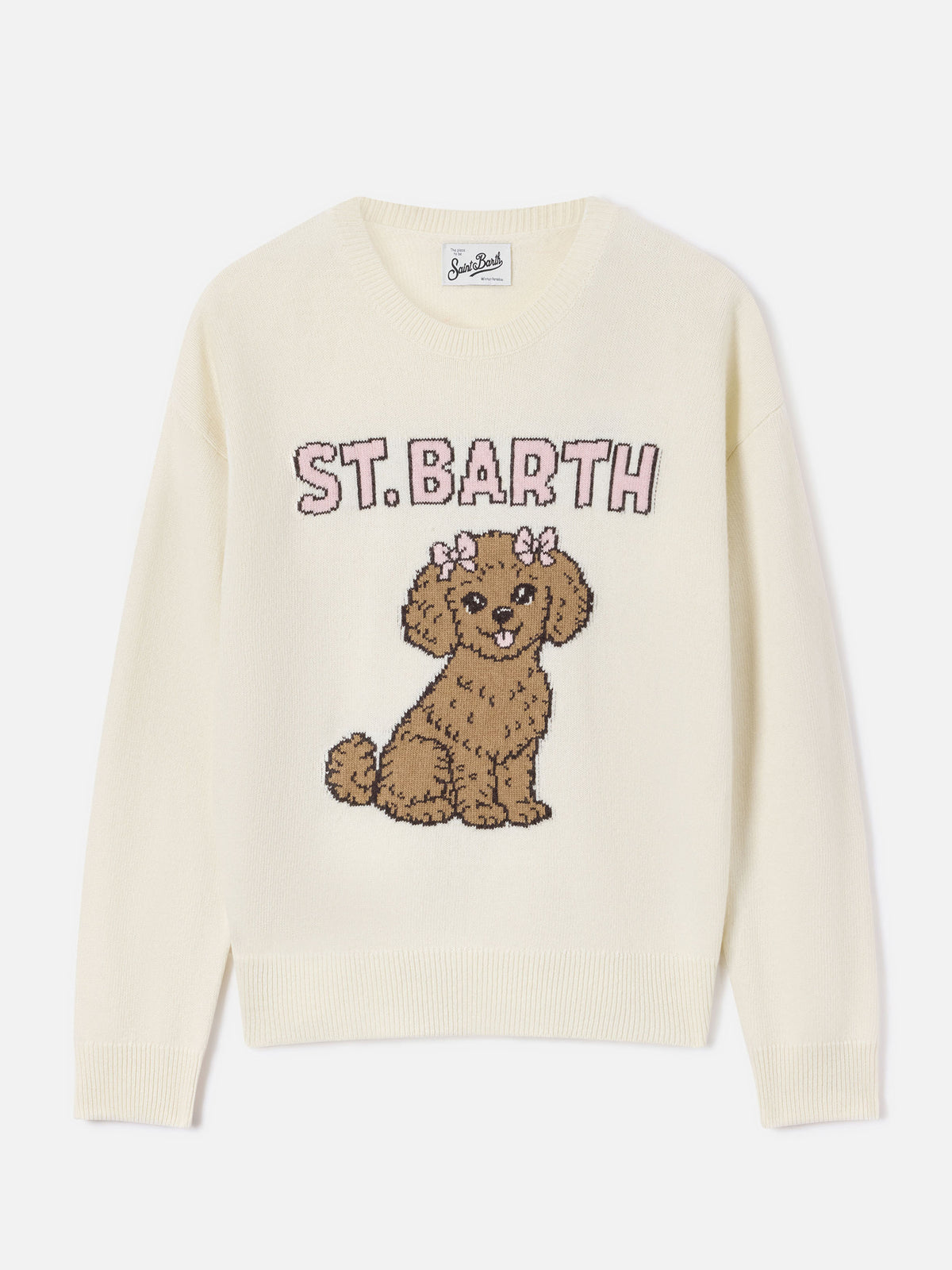 Maglia girocollo Tessa off white in misto lana e cashmere con intarsio barboncino