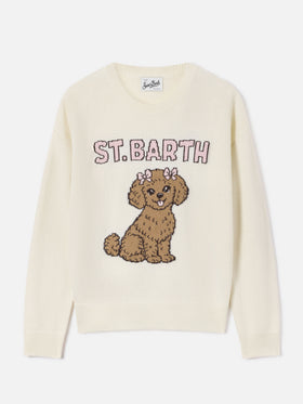 Maglia girocollo Tessa off white in misto lana e cashmere con intarsio barboncino