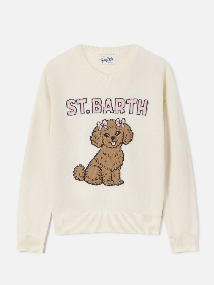 Maglia girocollo Tessa off white in misto lana e cashmere con intarsio barboncino