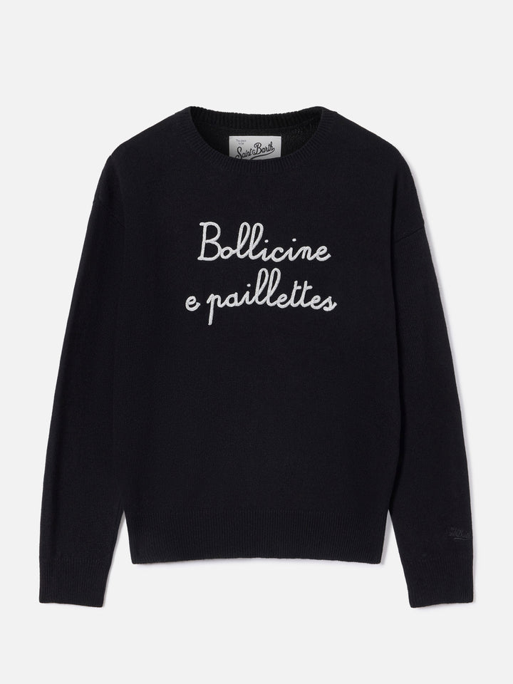 Jersey de cuello redondo Tessa negro en mezcla de lana y cachemira con bordado Bollicine E Paillettes 