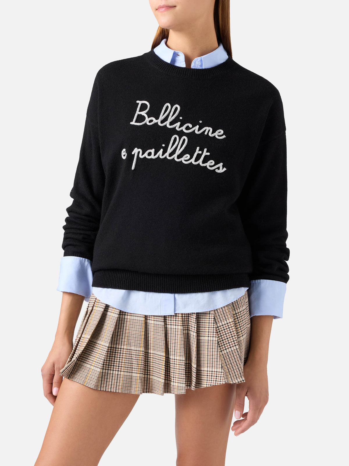 Black Tessa wool and cashmere blend crewneck knit with Bollicine E Paillettes embroidery