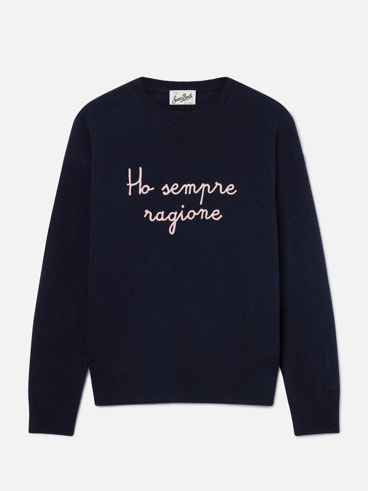 Navy blue Tessa wool and cashmere blend crewneck knit with Ho Sempre Ragione embroidery