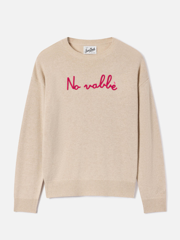 Maglia girocollo Tessa beige in misto lana e cashmere con ricamo No Vabbè
