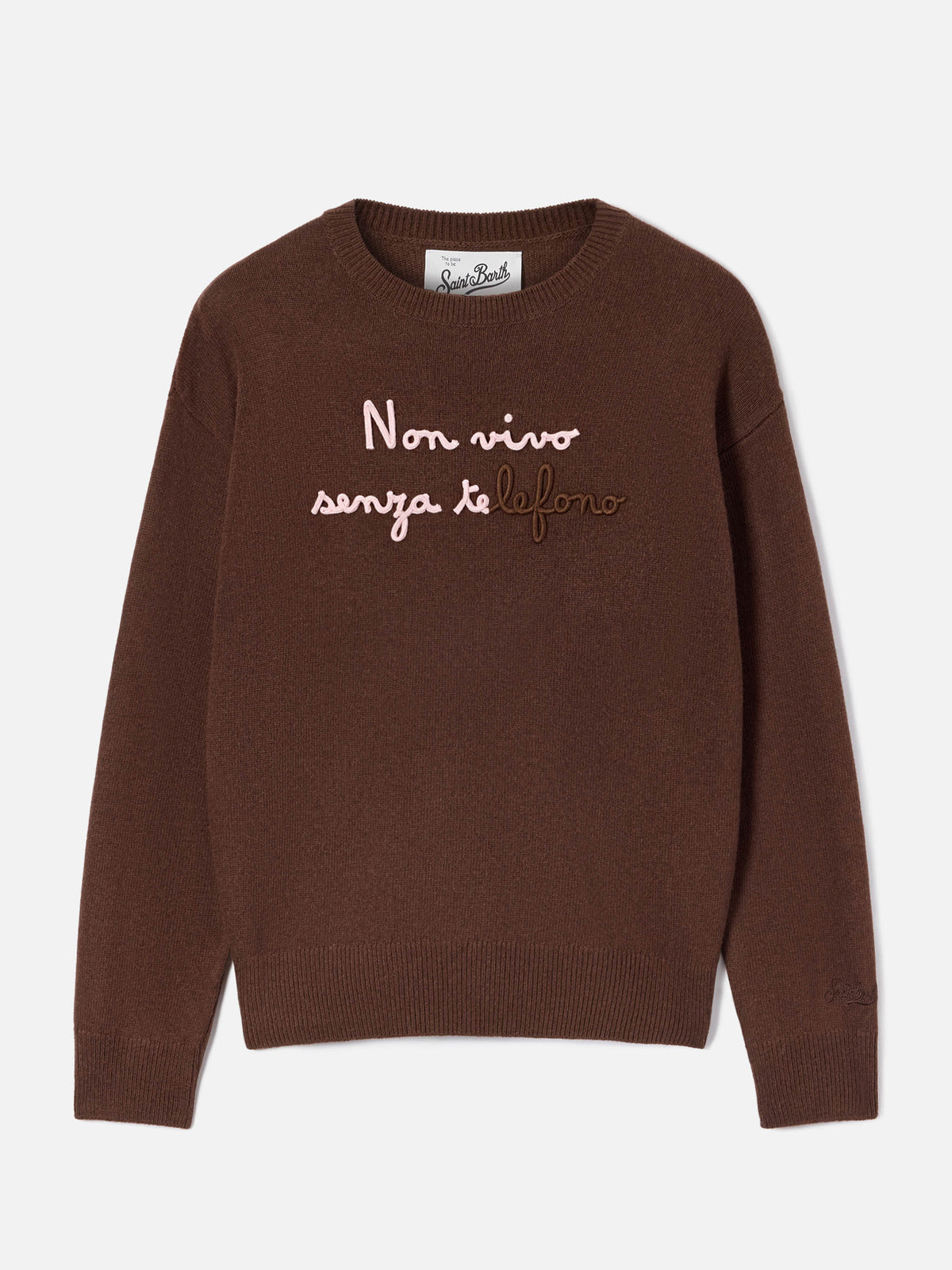 Pull col rond Tessa marron en mélange de laine et cachemire avec broderie Non Vivo Senza Te 
