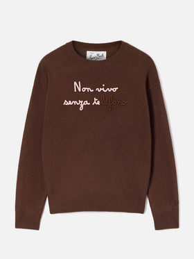Pull col rond Tessa marron en mélange de laine et cachemire avec broderie Non Vivo Senza Te 