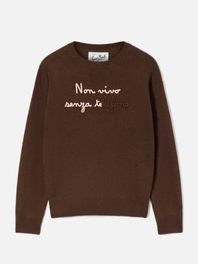 Brown Tessa wool and cashmere blend crewneck knit with Non Vivo Senza Te embroidery