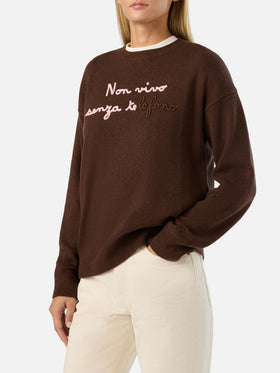 Brown Tessa wool and cashmere blend crewneck knit with Non Vivo Senza Te embroidery